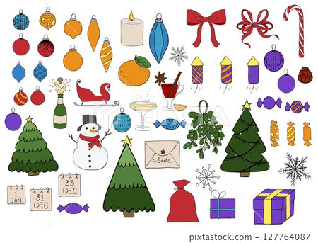 Xmas items isolated set. Vector graphic line ink illustration. Christmas tree, Santa with gifts, elves. Festive wreath, candy canes, gingerbreads. New year decorations. Winter holiday decor. 127764087