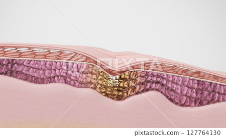 Cross-section of the skin structure that causes sagging and wrinkles Illustration of collagen loss 127764130