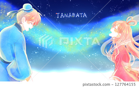 Image of Orihime and Hikoboshi facing each other, starry sky, white space, text 127764155