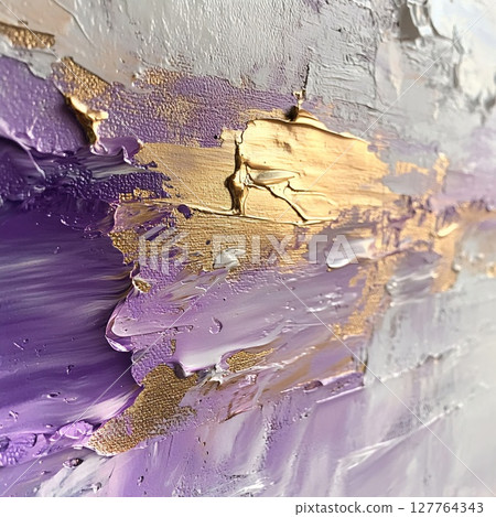 Textured abstract painting in impasto technique, combining purple and lavender tones with golden accents. Generative AI 127764343