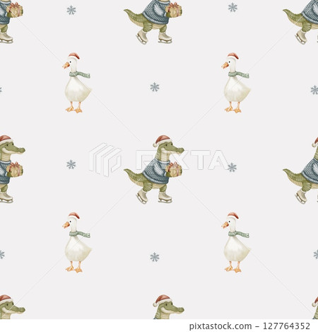 Charming winter pattern featuring playful animals in a seamless watercolor design Charming winter pattern featuring playful animals in a seamless watercolor design 127764352