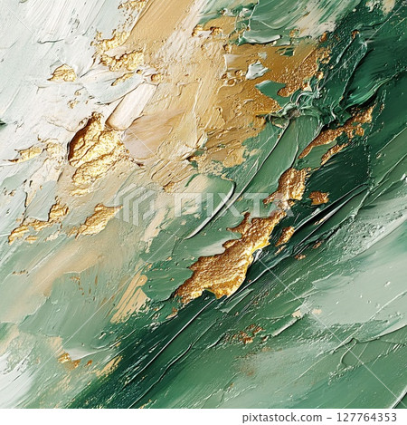 Impasto abstract painting with rich green and warm golden tones. Generative AI 127764353