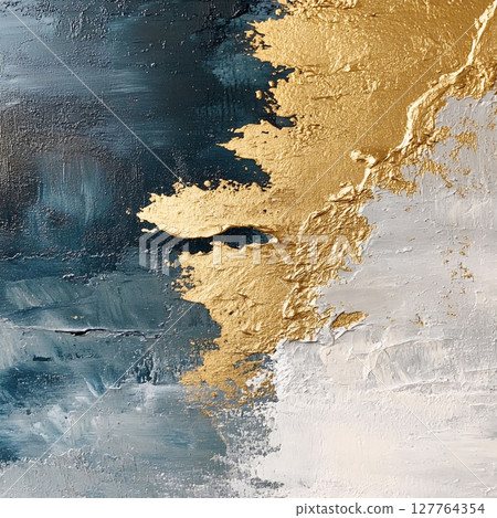 Abstract textured artwork in a cool palette of blue, white, and gold. The piece blends depth, light, and shimmer. Generative AI 127764354