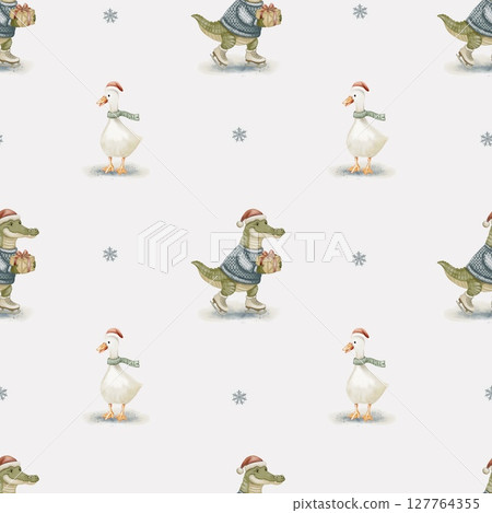 Whimsical watercolor pattern featuring playful animals in winter outfits on a white background 127764355