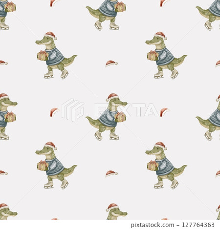 Playful crocodile skating in a festive sweater pattern design for textile and wallpaper 127764363