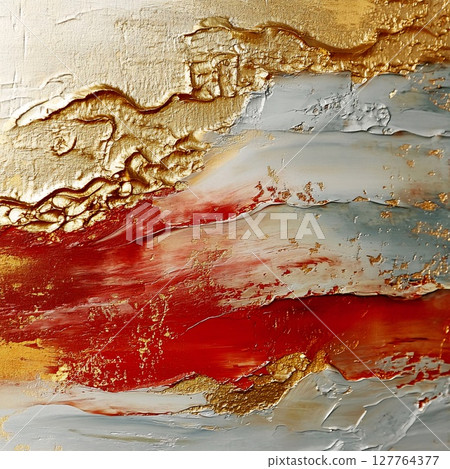 Textured abstraction with vivid red, grey, and gold paint strokes on canvas. Generative AI 127764377