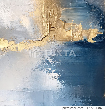 Modern abstract artwork with smooth strokes in blue and white tones, enhanced by textured golden highlights created with impasto technique. Generative AI 127764387