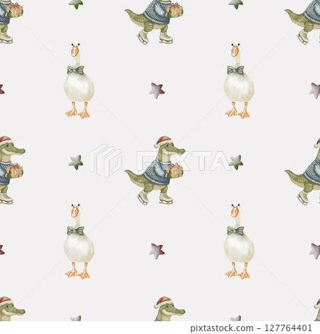 Winter watercolor pattern with animals in festive attire for textile and print design 127764401
