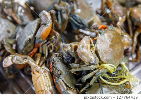 Asian fish market, live crabs tied and stacked for sale on seafood stall 127764419