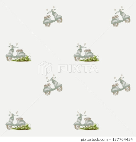 Charming watercolor pattern featuring vintage scooters on a seamless white background for textiles 127764434