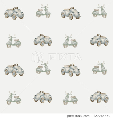 Playful vintage vehicles in a colorful watercolor pattern for fabric and wallpaper 127764439