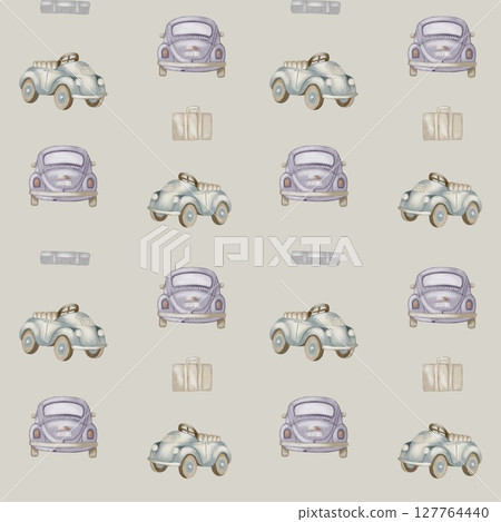 Whimsical watercolor pattern featuring vintage cars and glass elements on a light background 127764440