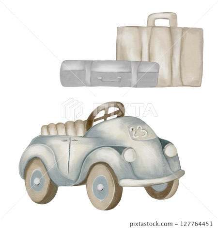 Vintage toy car with carry bag in soft watercolor design for children's decor and packaging 127764451