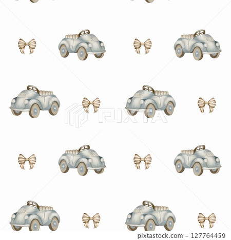 Charming watercolor pattern featuring vintage toy cars and bows isolated on a white background 127764459