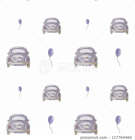 Vintage cars and balloons in a colorful watercolor pattern for packaging and fabric design 127764460