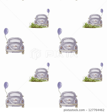 Watercolor pattern featuring vintage car with balloon on white background for textile design 127764462