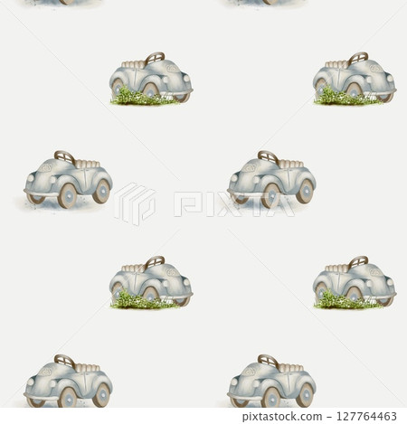 Vintage toy car watercolor pattern for textile and packaging design with seamless repeat Vintage toy car watercolor pattern for textile and packaging design with seamless repeat 127764463