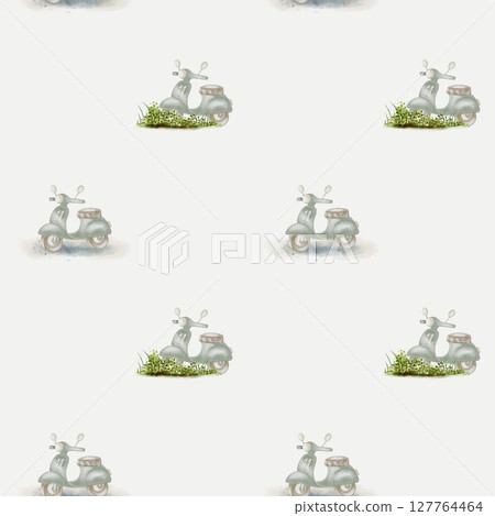Charming watercolor pattern featuring vintage scooters with grass on a white background Charming watercolor pattern featuring vintage scooters with grass on a white background 127764464