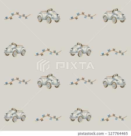 Charming watercolor pattern featuring vintage cars and decorative garlands for fabric design Charming watercolor pattern featuring vintage cars and decorative garlands for fabric design 127764465