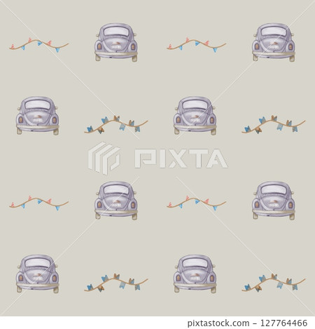 Vintage cars and decorative garlands in a colorful watercolor pattern for fabrics and packaging Vintage cars and decorative garlands in a colorful watercolor pattern for fabrics and packaging 127764466