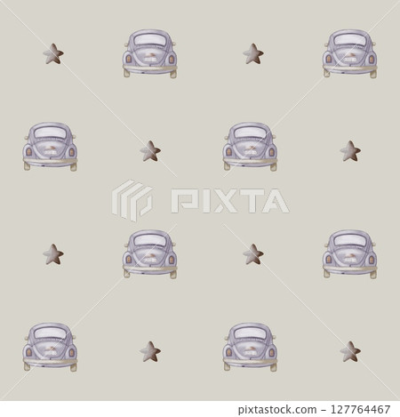 Watercolor pattern featuring vintage cars and stars for fabric and packaging design 127764467