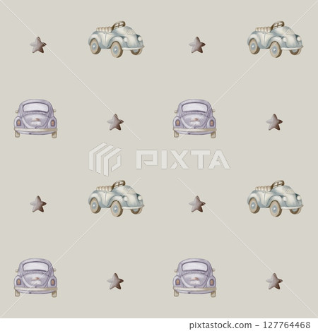 Colorful watercolor pattern featuring vintage cars and stars for fabric and textile applications 127764468