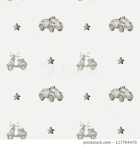 Watercolor seamless pattern design featuring vintage cars and stars on a white background 127764470