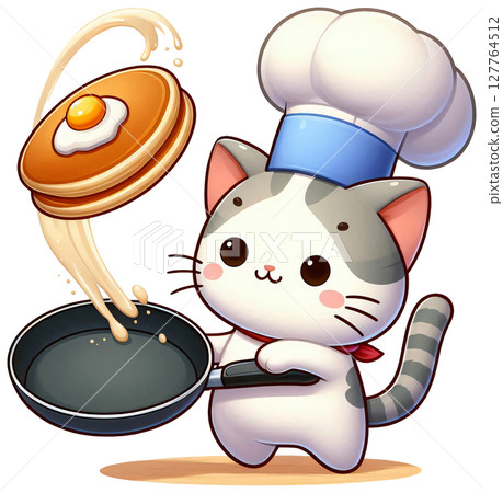 A cat wearing a chef hat flipping pancakes, cute cartoon style (1) 127764512