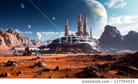 Space travel to a distant desert planet, sci-fi space colony, AI generated imagery 127764525