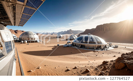 前往遙遠的沙漠星球進行太空旅行，科幻太空殖民地，人工智慧生成的圖像 127764527