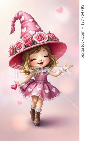 A cheerful gnome girl is dansing, wearing a large fancy pink hat decorated with hearts and roses. 127764795