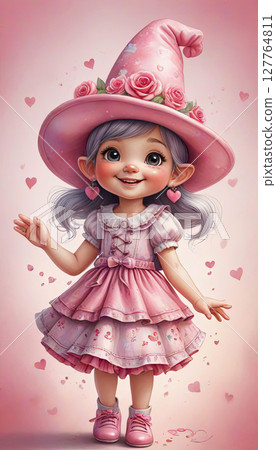 A cheerful gnome girl is dansing, wearing a large fancy pink hat decorated with hearts and roses. A cheerful gnome girl is dansing, wearing a large fancy pink hat decorated with hearts and roses. 127764811