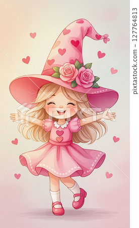 A cheerful gnome girl is dansing, wearing a large fancy pink hat decorated with hearts and roses. 127764813