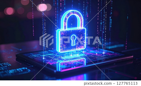 Digital security and data protection concept with neon lock symbol on technological background illustrating cybersecurity and safe data storage Digital security and data protection concept with neon lock symbol on technological background illustrating cybersecurity and safe data storage 127765113