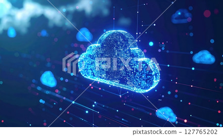 Futuristic digital cloud icon with data points and connections representing cloud computing, technology, data transfer, innovation, and network integration visual 127765202