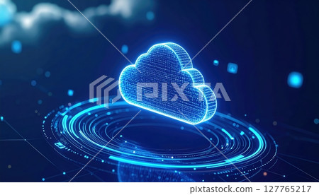 Digital cloud technology concept with glowing cloud icon and data visualization elements representing cloud computing and data storage solutions in a futuristic style 127765217