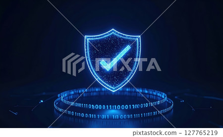 Futuristic digital shield with checkmark symbol representing cybersecurity protection, data security, and digital safety in glowing blue neon style Futuristic digital shield with checkmark symbol representing cybersecurity protection, data security, and digital safety in glowing blue neon style 127765219