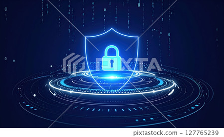 Futuristic digital security shield with glowing padlock icon representing cybersecurity protection and data privacy in a high-tech digital environment 127765239