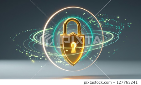 Digital security concept with a glowing golden padlock surrounded by swirling light effects and digital data visualization representing cybersecurity protection 127765241