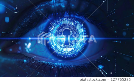 Close-up of a human eye with a digital glowing keyhole symbol in the iris representing cybersecurity protection and digital security concepts Close-up of a human eye with a digital glowing keyhole symbol in the iris representing cybersecurity protection and digital security concepts 127765285