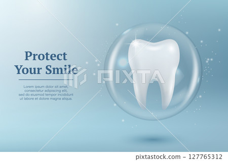 Protect Your Smile. Vector 3d Realistic Tooth in a Protective Bubble Isolated on a Blue Background. Design Template, Clipart, Mockup. Dentistry, Healthcare, Medical, Hygiene, Protection Concept Protect Your Smile. Vector 3d Realistic Tooth in a Protective Bubble Isolated on a Blue Background. Design Template, Clipart, Mockup. Dentistry, Healthcare, Medical, Hygiene, Protection Concept 127765312