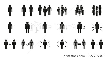 Communication And Growth Representation. People Interaction And Movement Solid Icon Set. Human Dynamics, Social Interaction and Group Behavior Silhouette Icon Set. Isolated Vector Illustration 127765385
