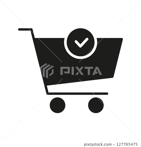 Shopping Cart With Check Mark Solid Icon. Successful Purchase, Order Completion, And E-Commerce Transaction Silhouette Symbol. Retail And Consumer Experience. Isolated Vector Illustration 127765475
