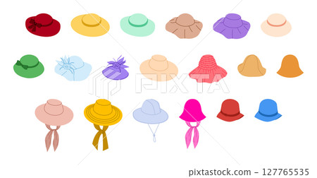 Set of Picture Hats with band. Summer Head Fashion accessory cap clothing technical illustration. Vector headgear 127765535