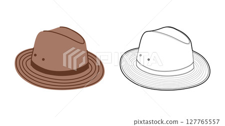 Safari Hat with band. Head Fashion accessory cap with wide brim with stitching clothing technical illustration. 127765557