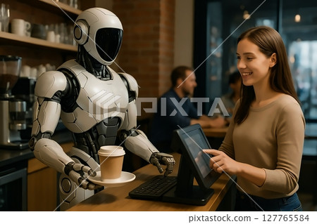 A humanoid robot working as a cashier at a cafe 127765584