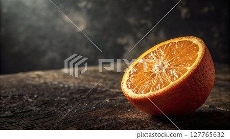 Single orange cut in half on dark textured backdrop with side lighting and atmospheric vibe, copyspace on left 127765632
