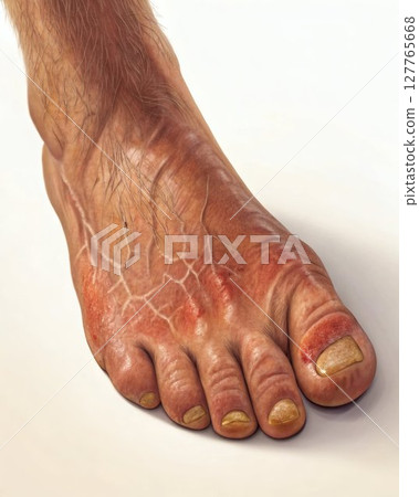Medical close-up of male foot showing early diabetic neuropathy symptoms, diabetes complications and foot care awareness 127765668