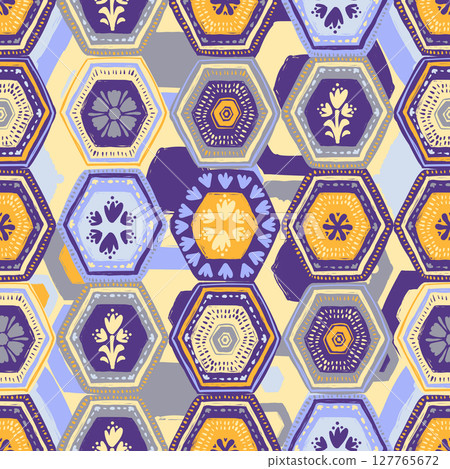 Vibrant vector hexagonal patchwork seamless pattern merging geometric shapes with organic floral details, creating dynamic background design for textile and interior 127765672