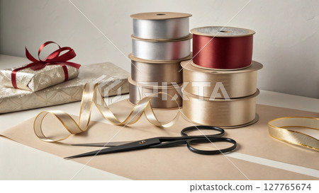 Stylized wrapping scene with stacked metallic ribbon rolls and diagonal scissors placement creates poster art composition with neutral background space for creative design projects  127765674